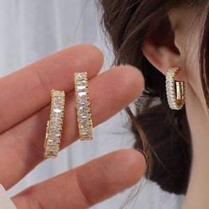 Beautiful Baguette Cz oval open Hoop Earrings
